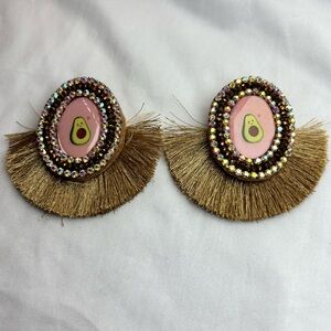 Artesanal Handmade Pink and Gold Rhinestone Avocado Earrings
